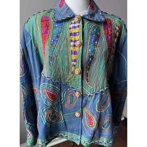 Vintage Anage Embroidered Art Jacket Paisley Silk Blend Boho XL